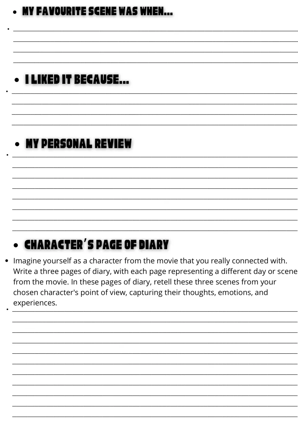Movie response writing: students describe a favourite scene, explain why, write a review and a three-day character diary