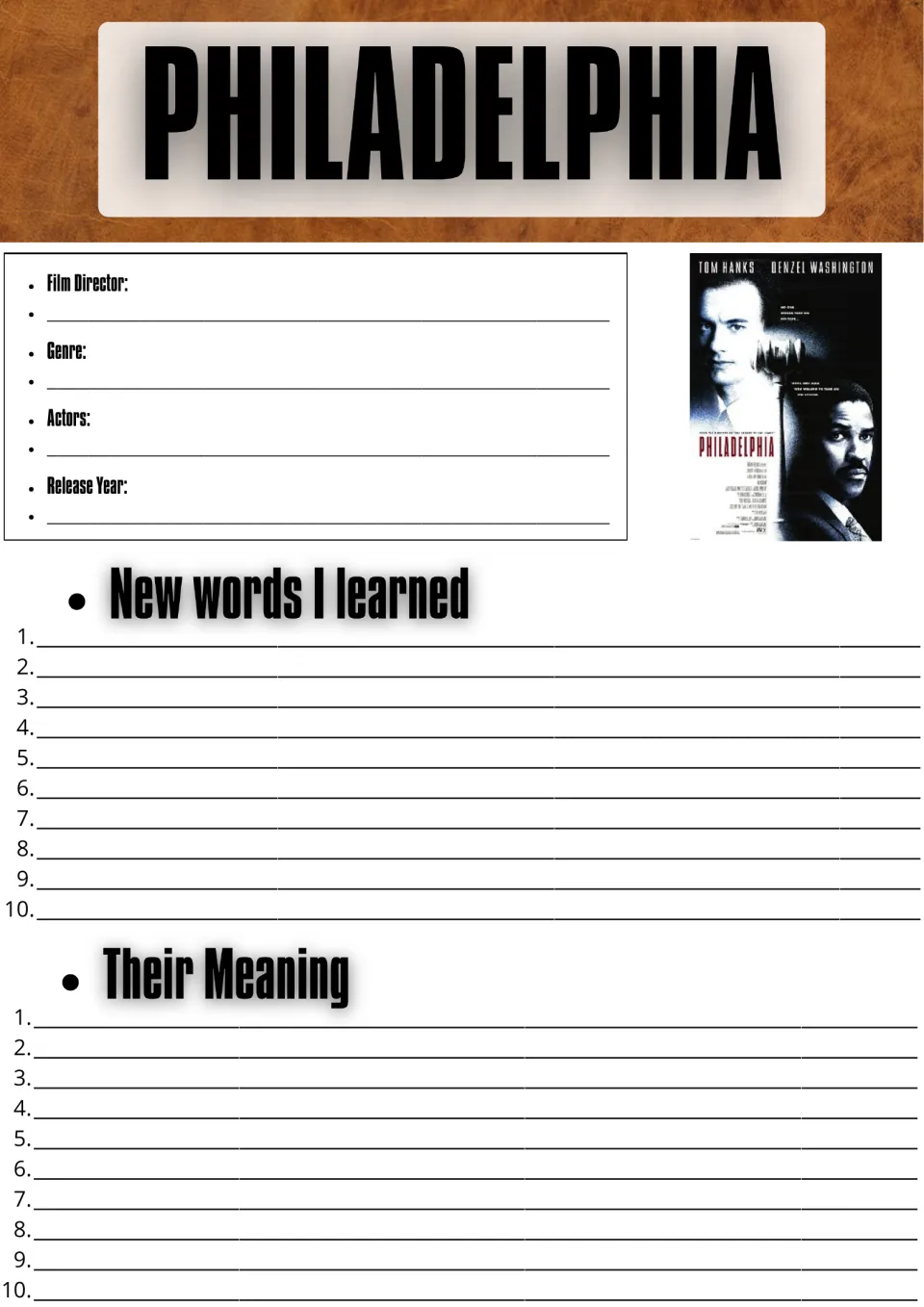Movie guide opening page: film director, genre, actors, release year, and 10 new words with their meanings.
