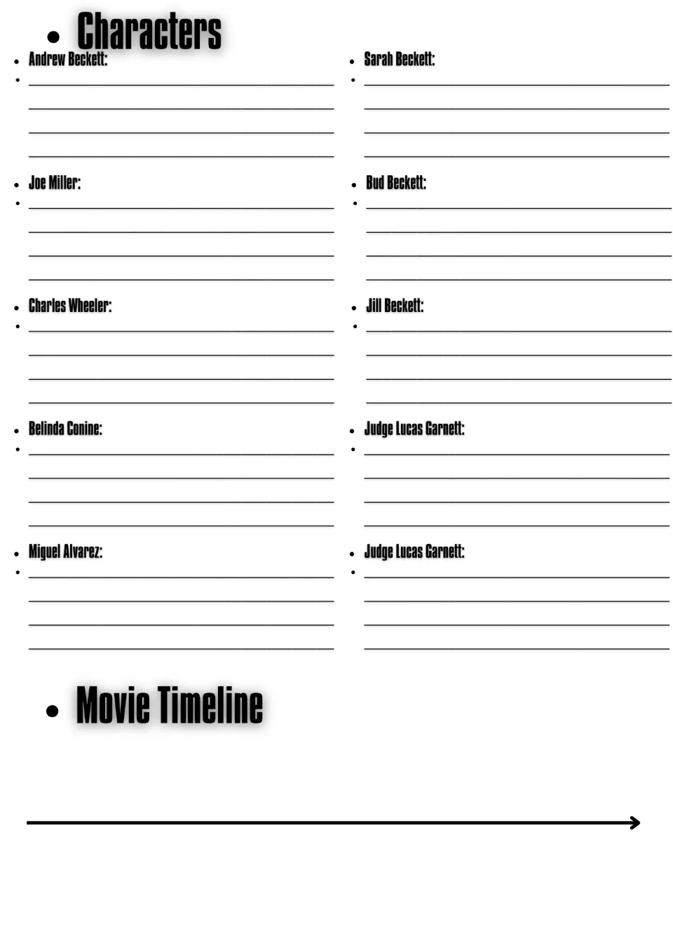 Movie guide character notes for Andrew Beckett, Joe Miller, and seven more entries, plus a movie timeline.