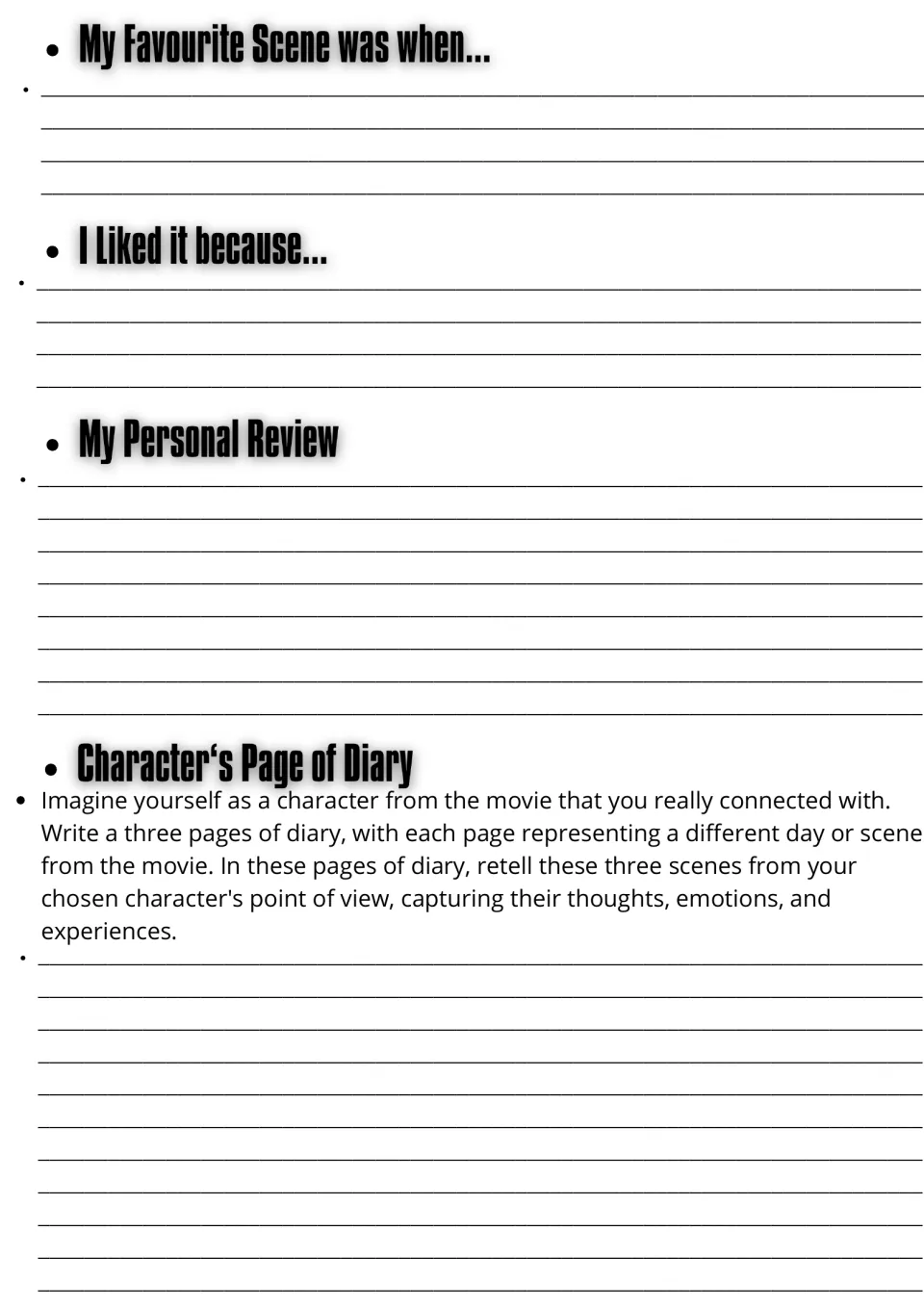 Movie guide writing prompts: favorite scene, reasons for liking it, personal review, and three diary entries.