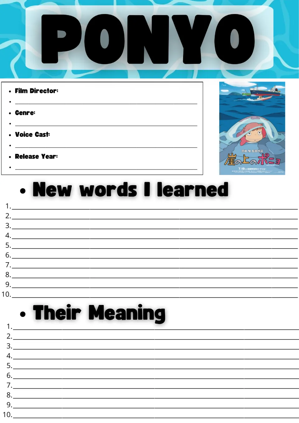 Ponyo film facts and vocabulary: students note director, genre, cast and year, then list 10 new words and their meanings