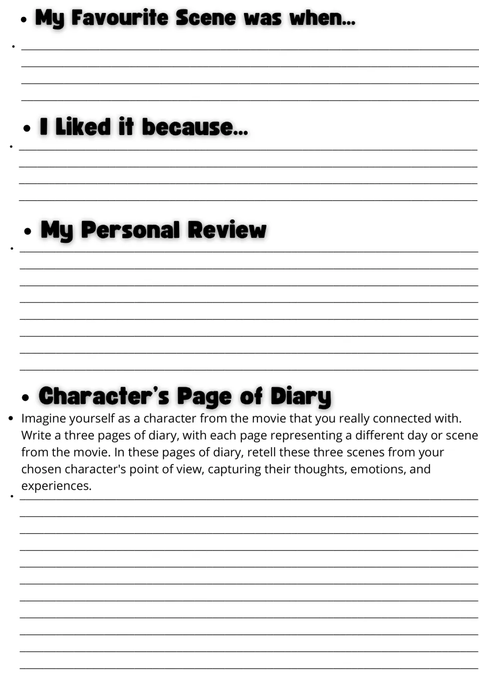 Ponyo response writing: students describe a favourite scene, explain why, write a review and a character's diary entries