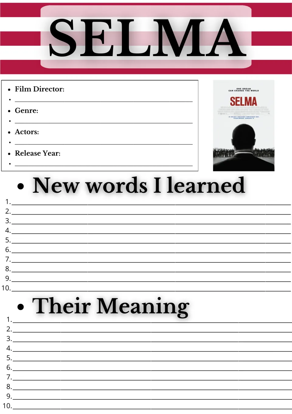 Movie guide opening page: director, genre, actors, release year, and spaces for 10 new words and their meanings
