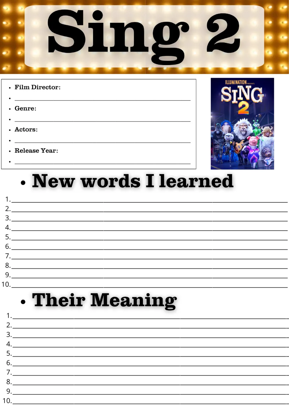 Sing 2 movie guide: students record director, genre, actors and year, then list 10 new words with their meanings