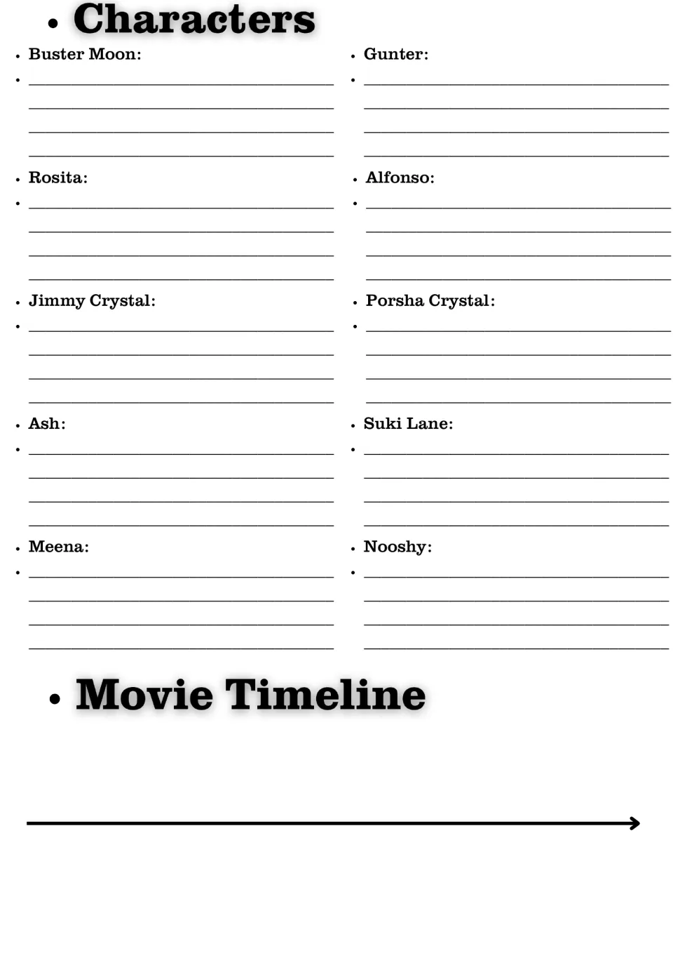 Characters and timeline: students describe Buster Moon, Rosita, Meena, Nooshy and six others, then start a Movie Timeline