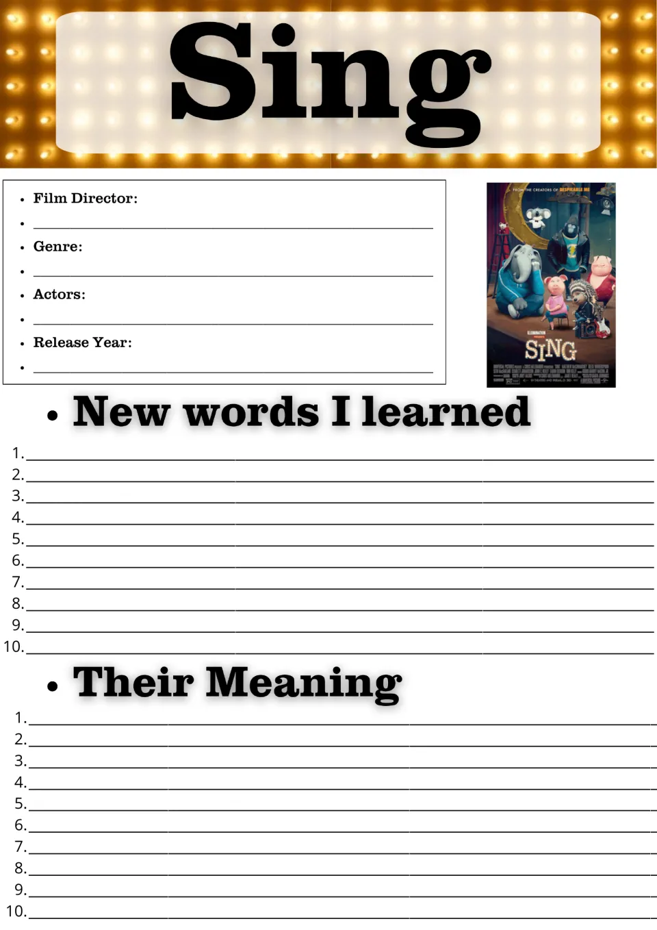 Sing movie guide: students record director, genre, actors and year, then list 10 new words and their meanings
