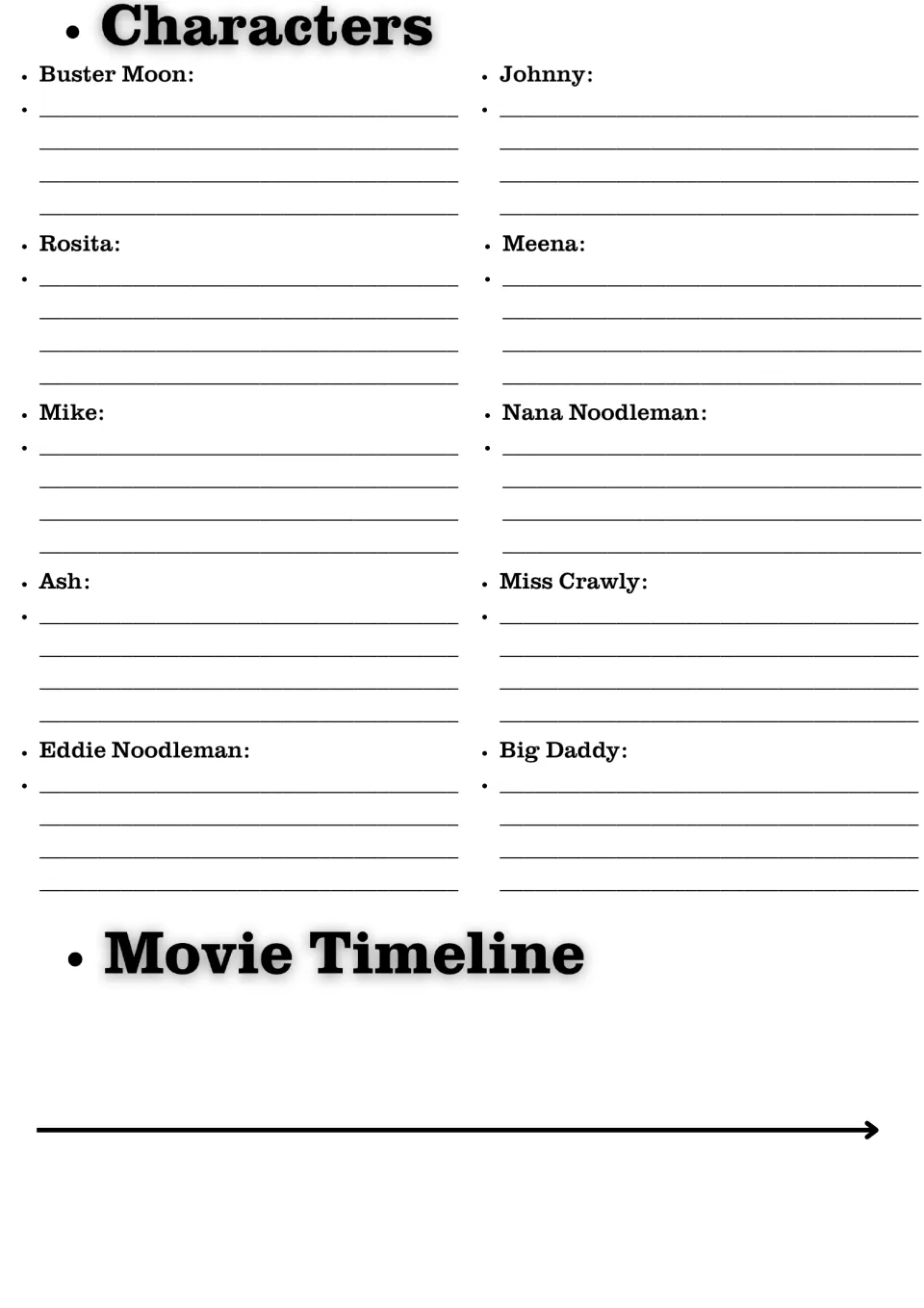 Sing characters and timeline: students describe Buster Moon, Rosita, Mike and 7 others, then order events