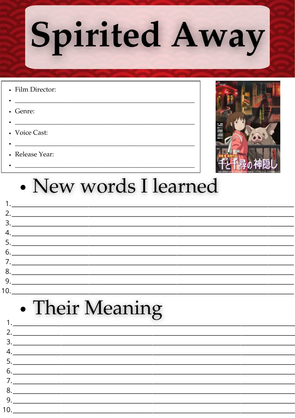 Spirited Away film facts and vocabulary: students record director, genre, cast and year, then 10 new words with meanings