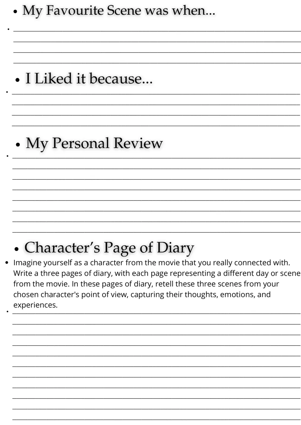 Film response writing: students describe a favourite scene, write a review and a 3-entry diary in a character's voice