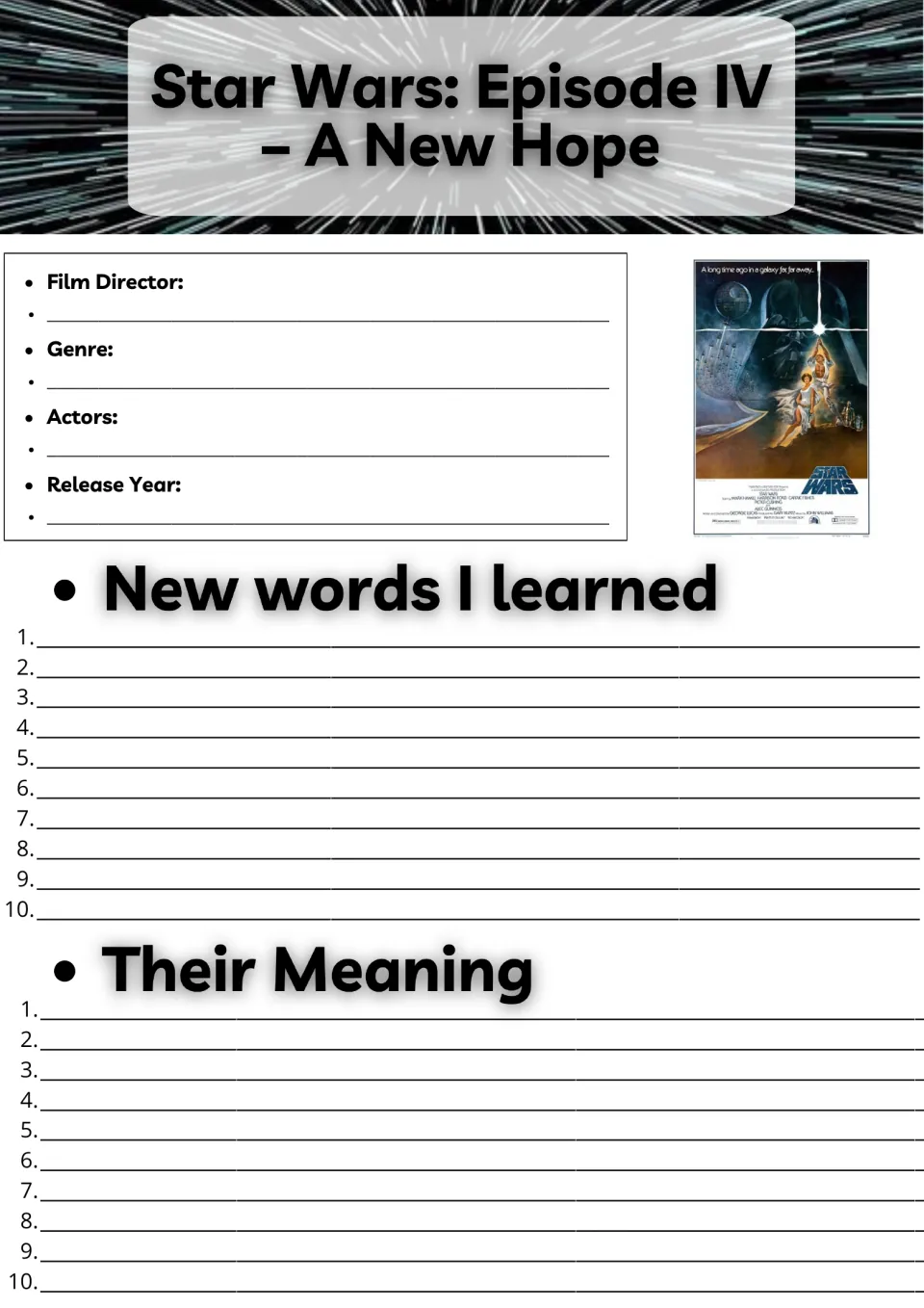 Movie guide page 1: film director, genre, actors, release year, and space for 10 new words and their meanings.