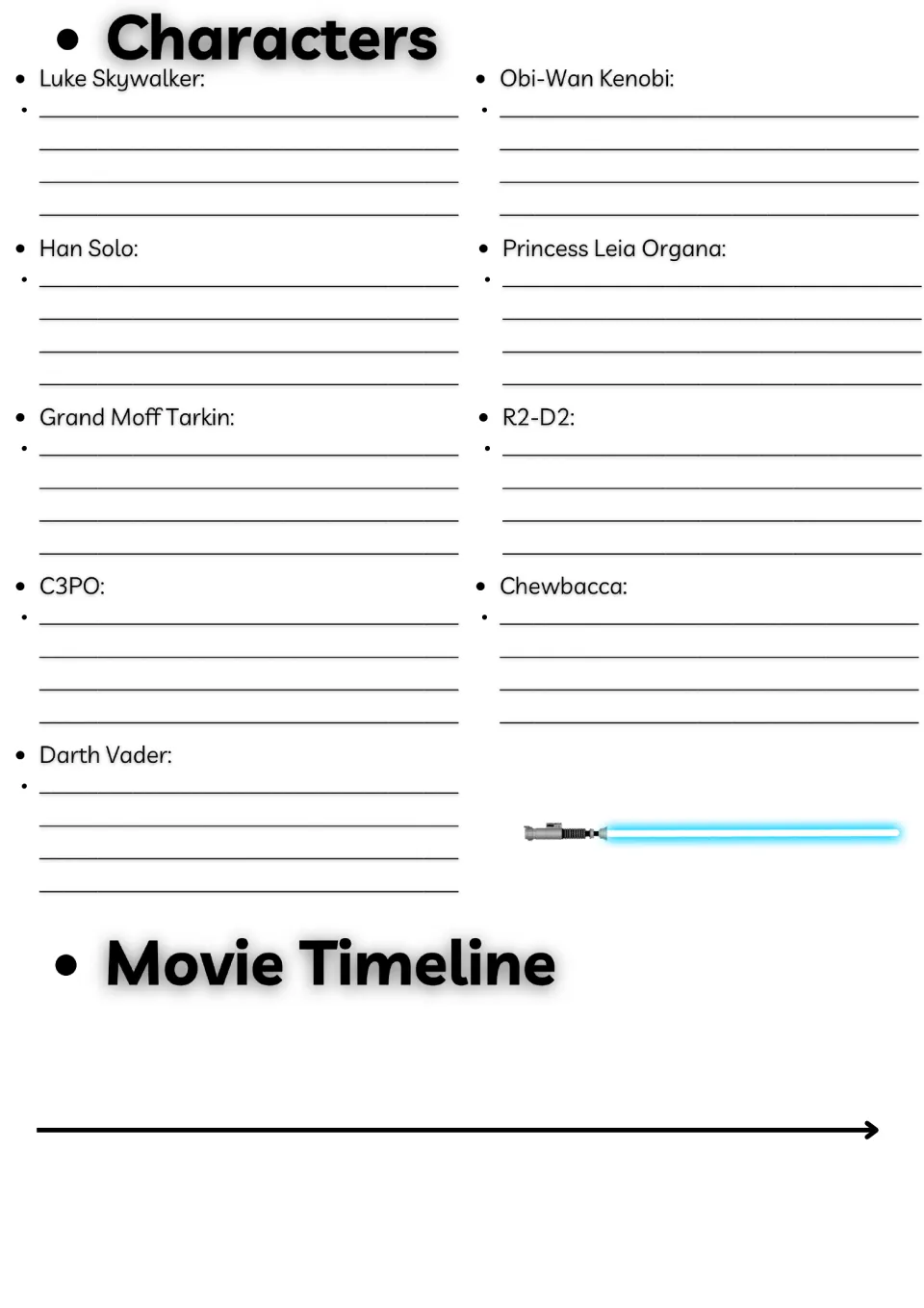 Movie guide page 2: descriptions of nine characters, including Luke Skywalker and Darth Vader, plus a timeline.