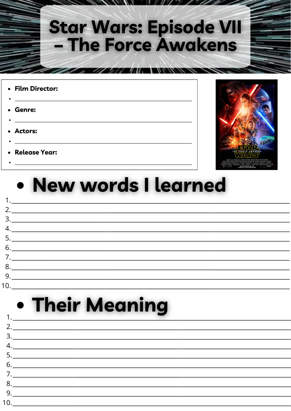 Movie guide opening page: director, genre, actors, release year, and 10 new words and their meanings.