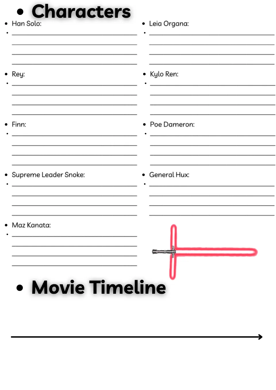 Movie guide character section: Han Solo, Rey, Finn, Leia Organa, Kylo Ren, four more, and a movie timeline.