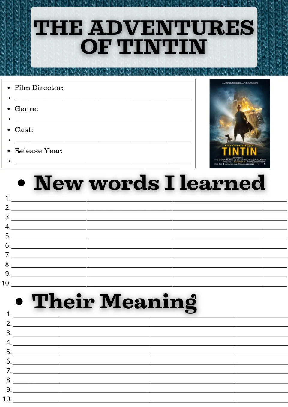 Movie guide opening page: film director, genre, cast, release year, and 10 new words with their meanings.