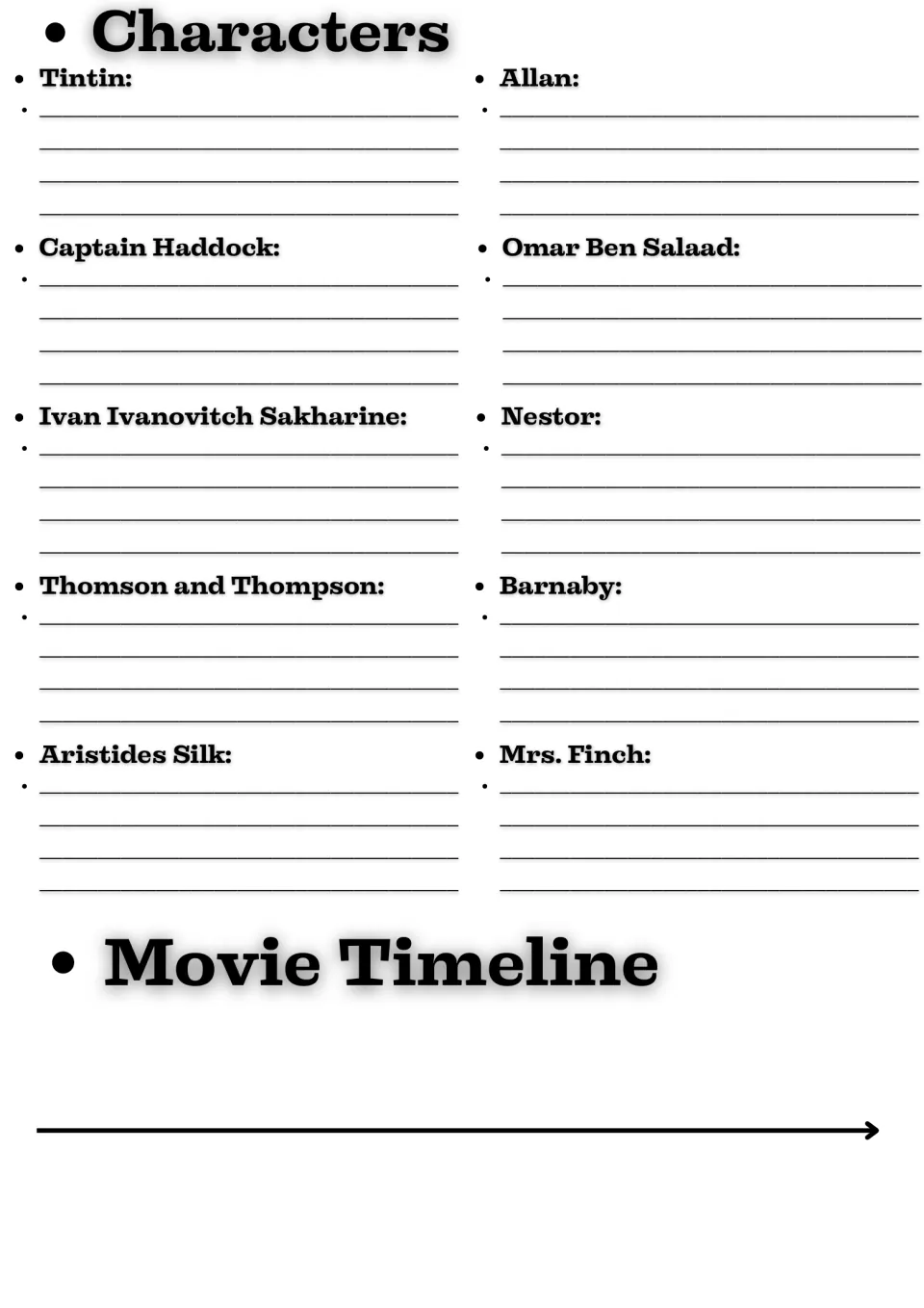 Movie guide character descriptions: Tintin, Captain Haddock, Sakharine, and seven more; movie timeline.