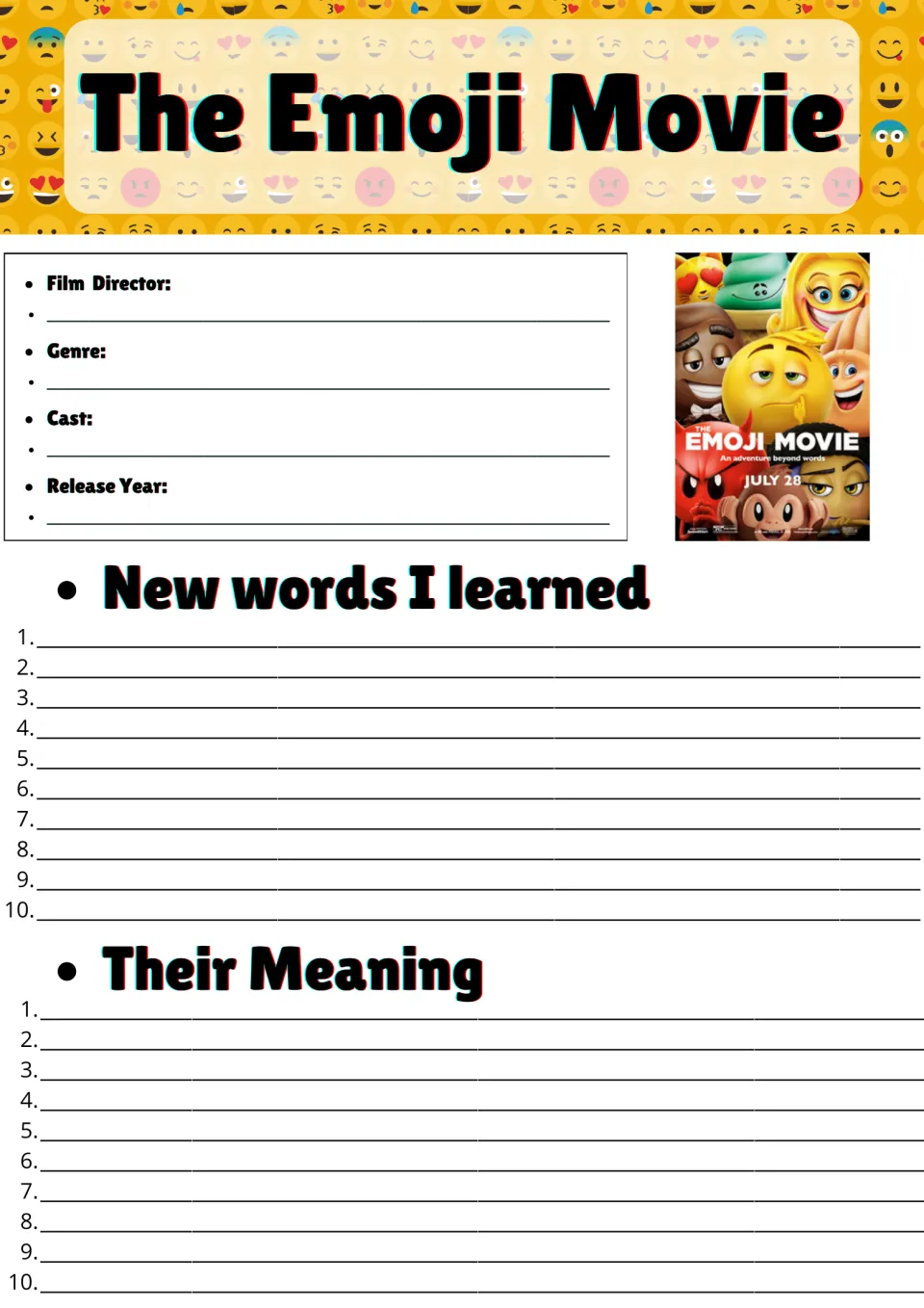 The Emoji Movie fact sheet: students record director, genre, cast and year, then list 10 new words and meanings