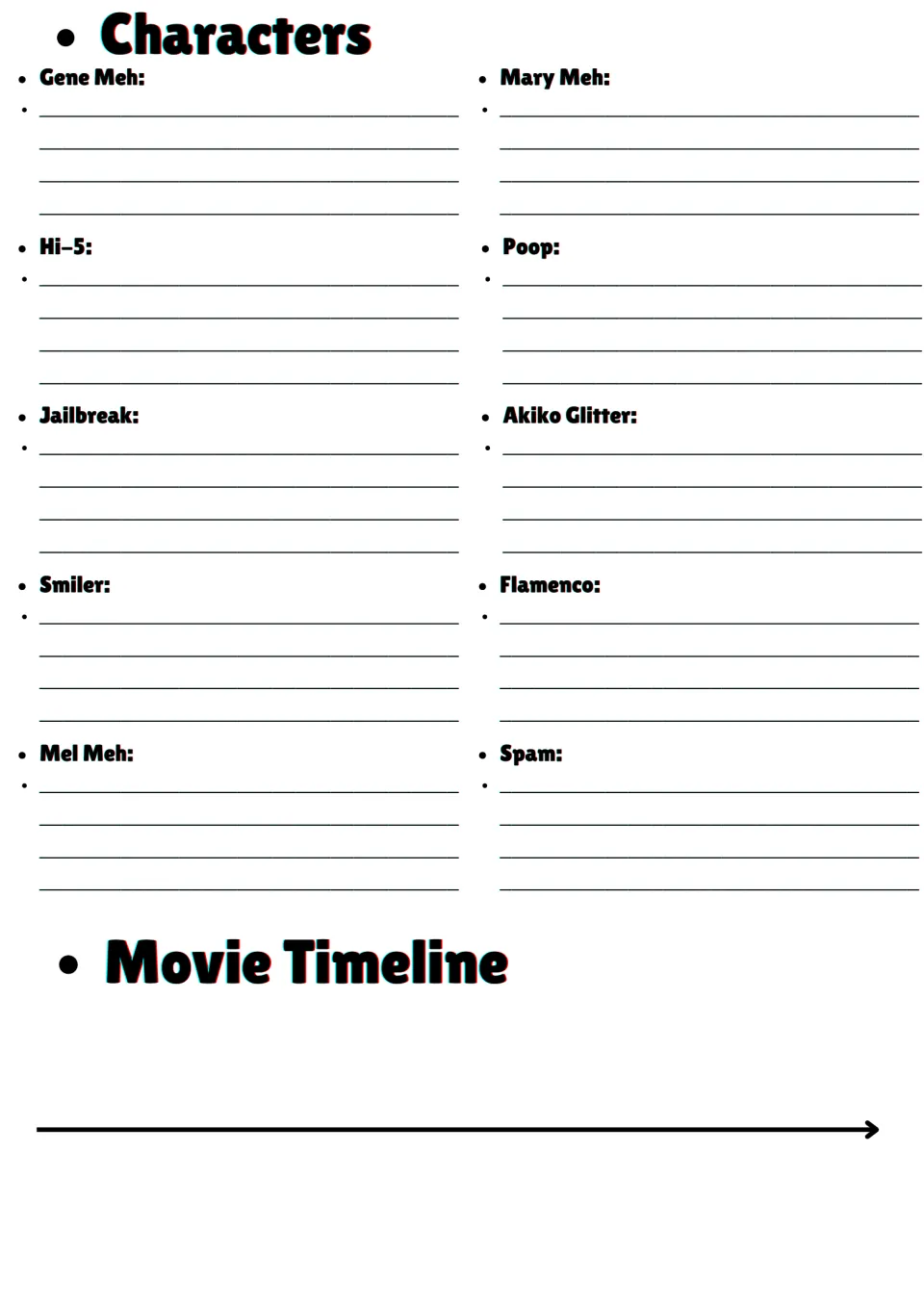 Character notes on Gene Meh, Mary Meh, Hi-5, Poop and others, plus a Movie Timeline for ordering events
