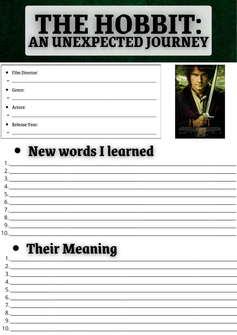 The Hobbit film facts and vocabulary: students note director, genre, actors and year, then list 10 new words with meanings