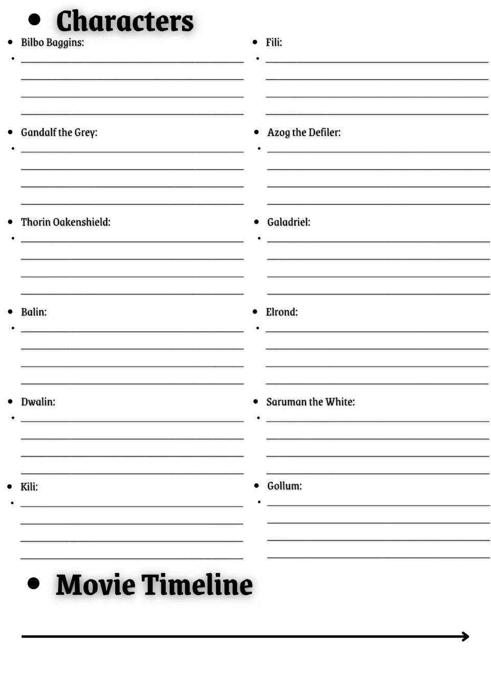 Hobbit character notes: students describe Bilbo, Gandalf, Thorin, Gollum and 8 more, then plot events on a movie timeline