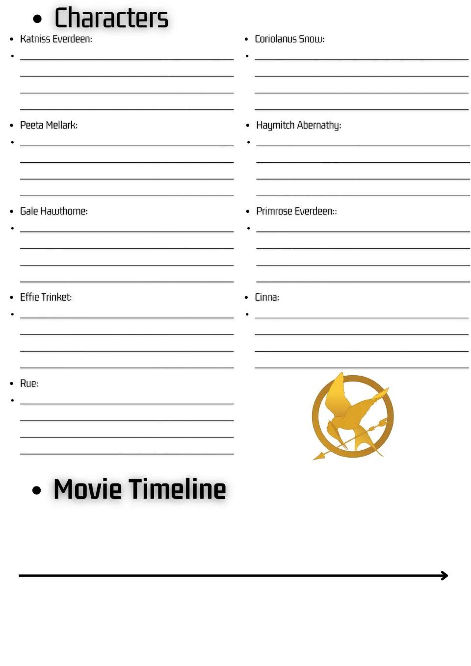 Movie guide character page: Katniss, Peeta, Gale, Effie, Rue and four more characters, plus a movie timeline.