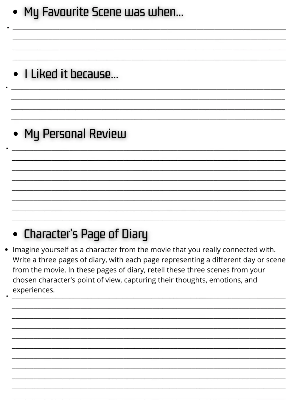 Movie guide response page: favorite scene, reasons, personal review, and a three-page character diary prompt.