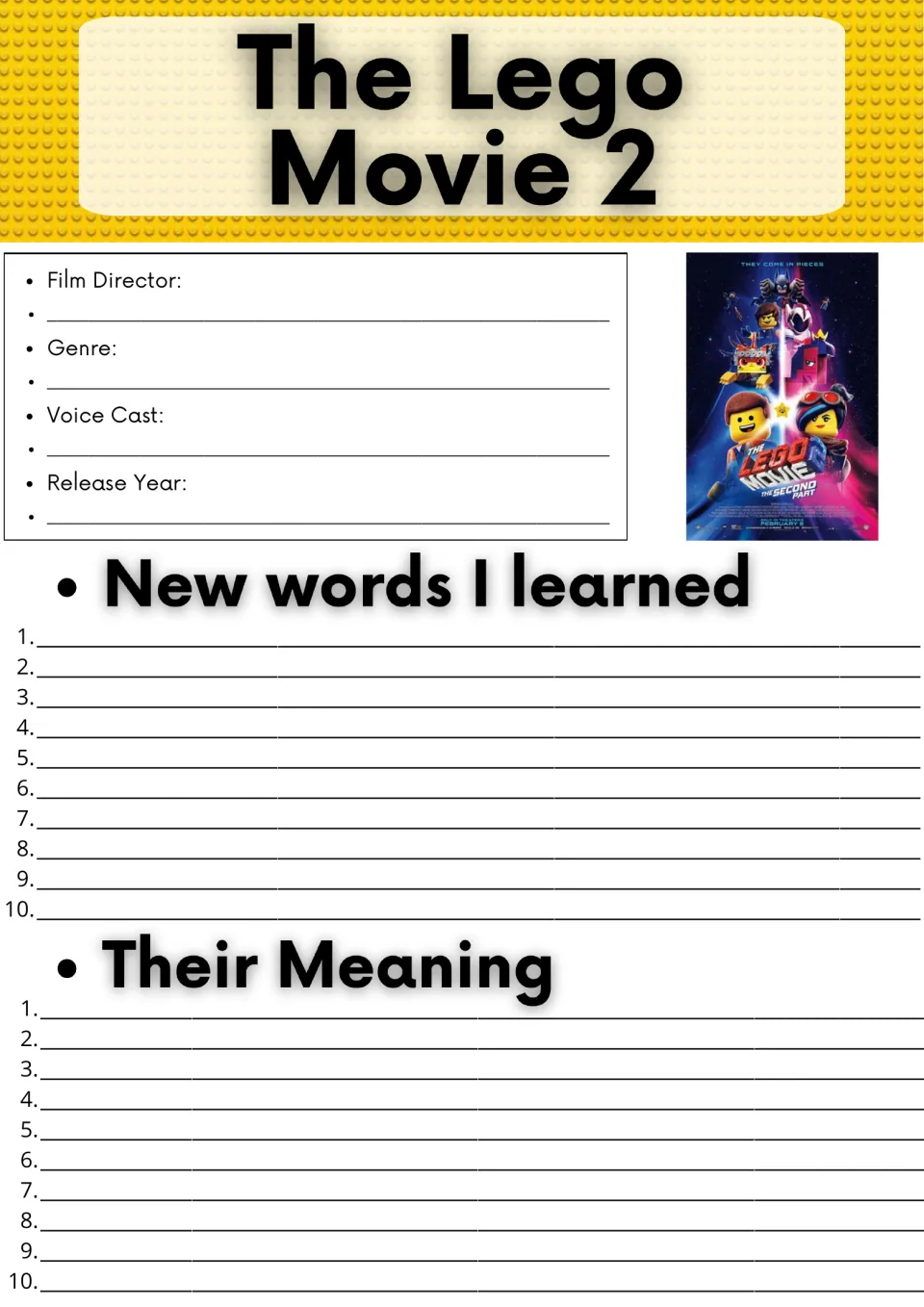 Movie facts and vocabulary: students record director, genre, cast and year, then list 10 new words and meanings