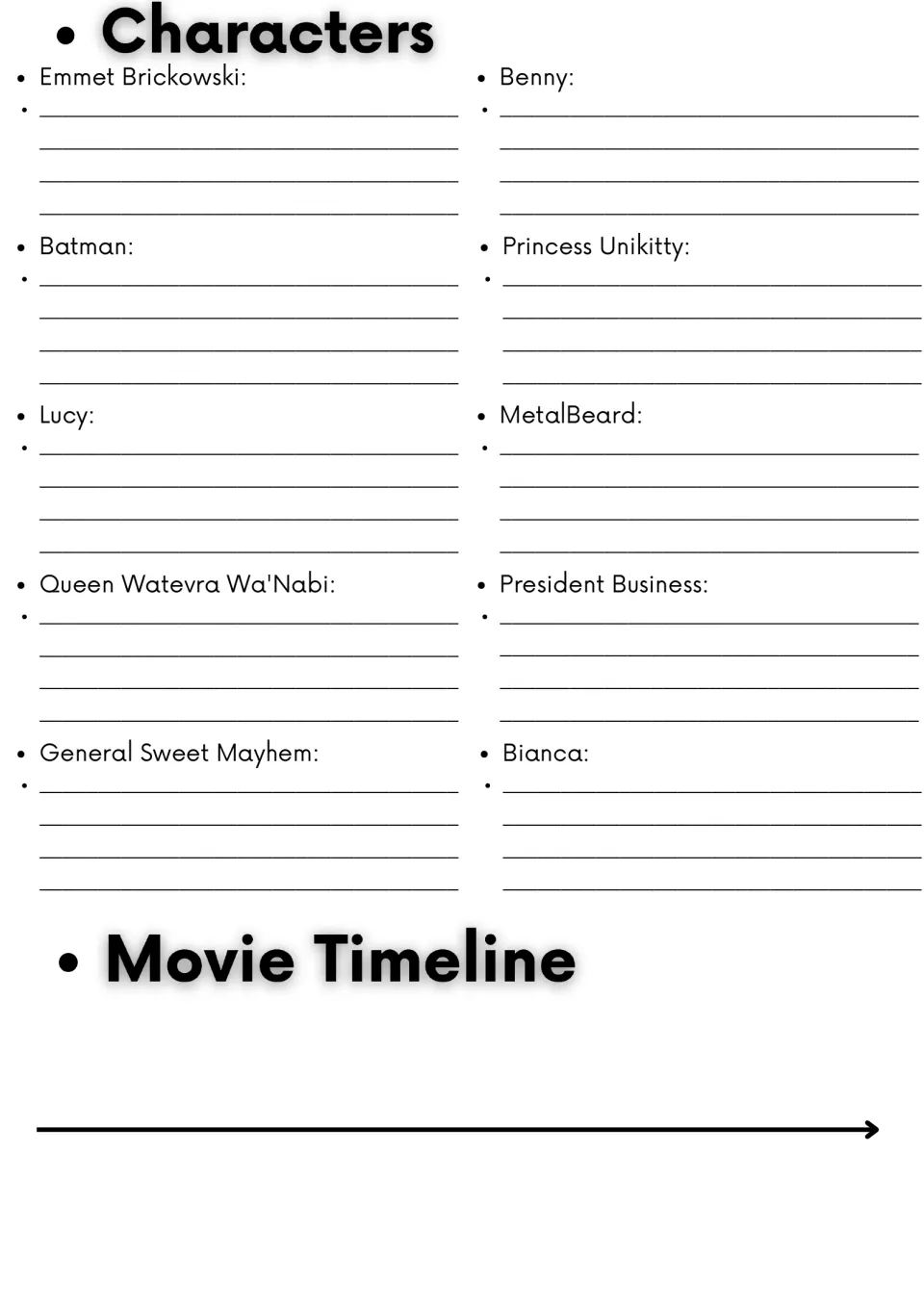 Character notes and timeline: students write about Emmet, Batman, Lucy and seven more characters, then fill a timeline