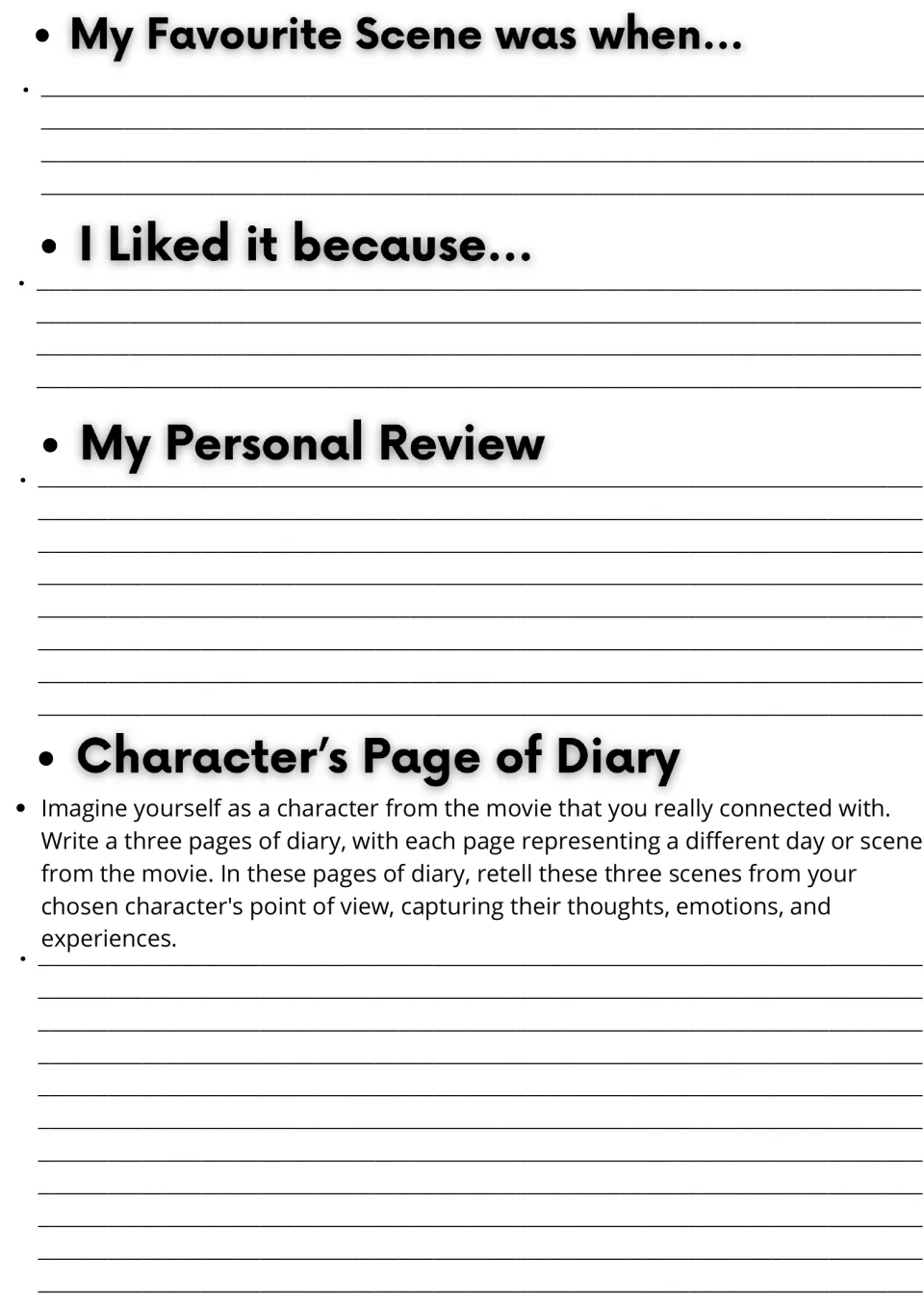 Personal response writing: students finish favourite scene and liked-because prompts, write a review and a diary entry