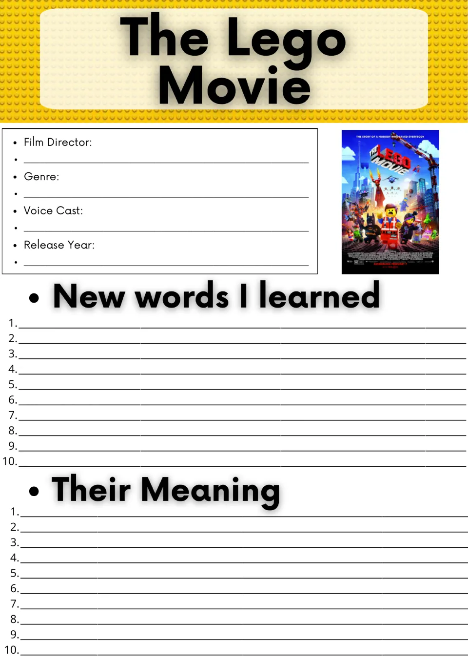 Movie guide opening page: film director, genre, voice cast, release year, and 10 new words with meanings.