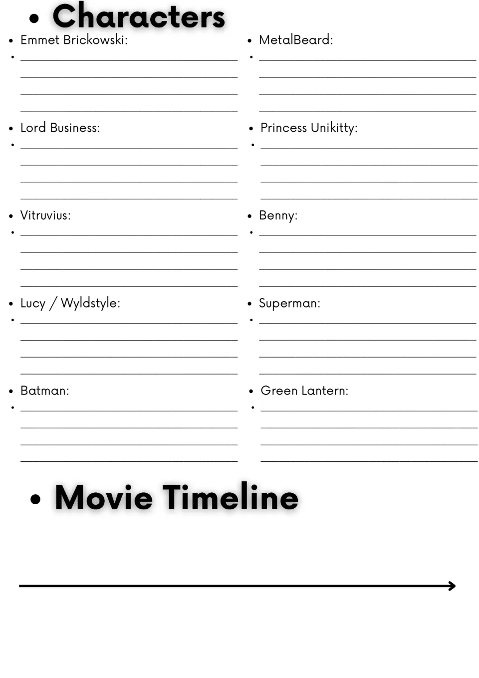 Movie guide character study: Emmet, Lord Business, Vitruvius, Lucy, Batman and five more, plus a timeline.