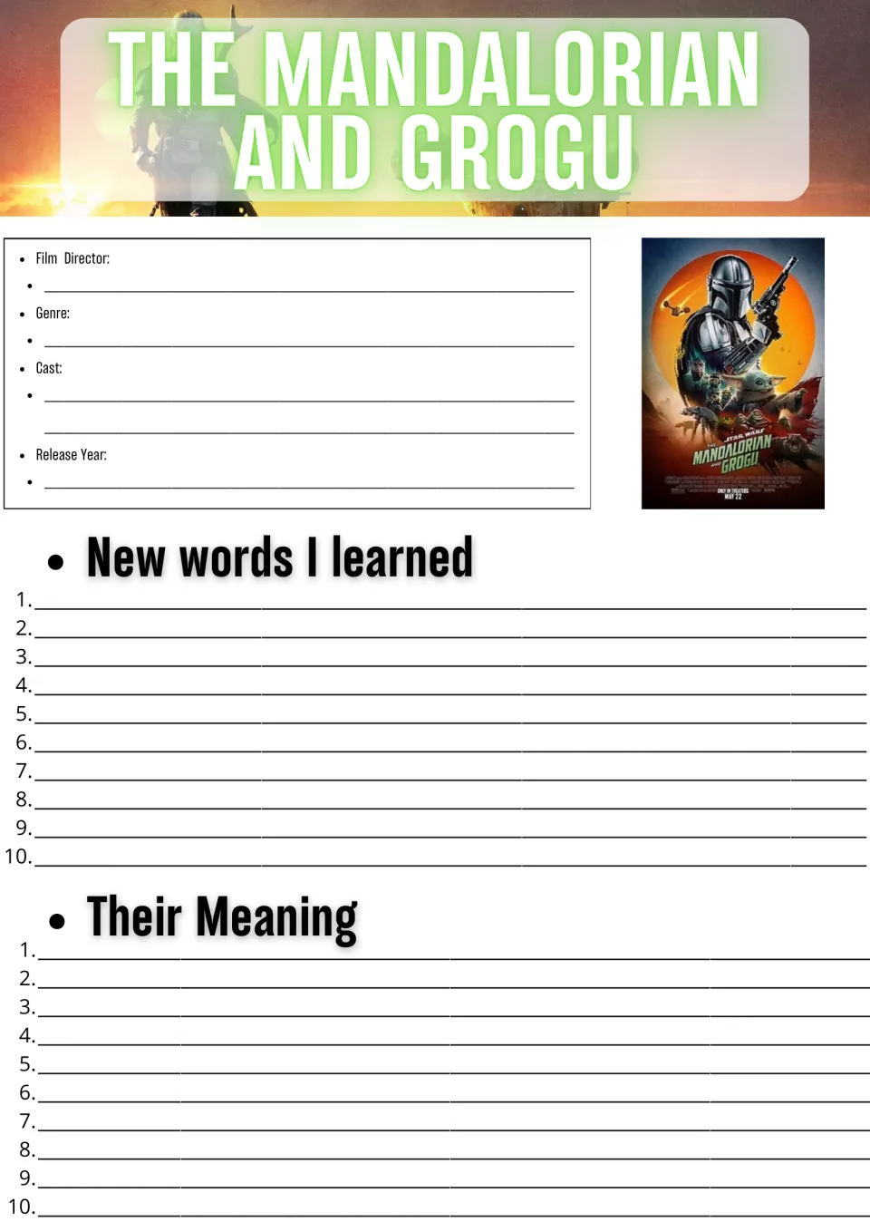 Movie guide opener: students fill in director, genre, cast and year, then list 10 new words with their meanings