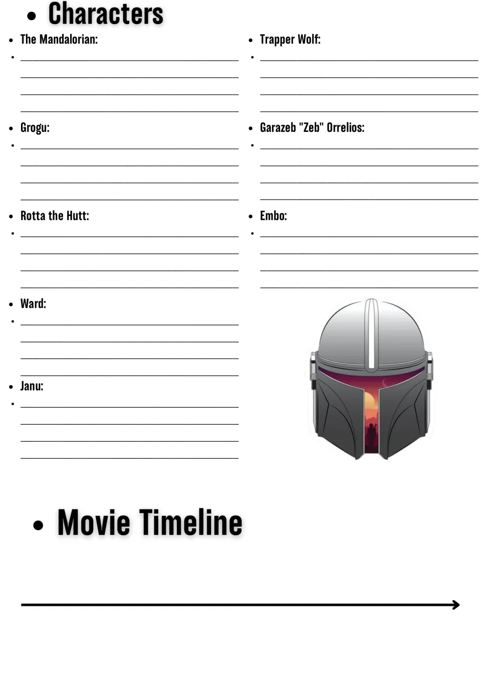 Character notes and timeline: students describe eight film characters, then sequence events on a Movie Timeline arrow