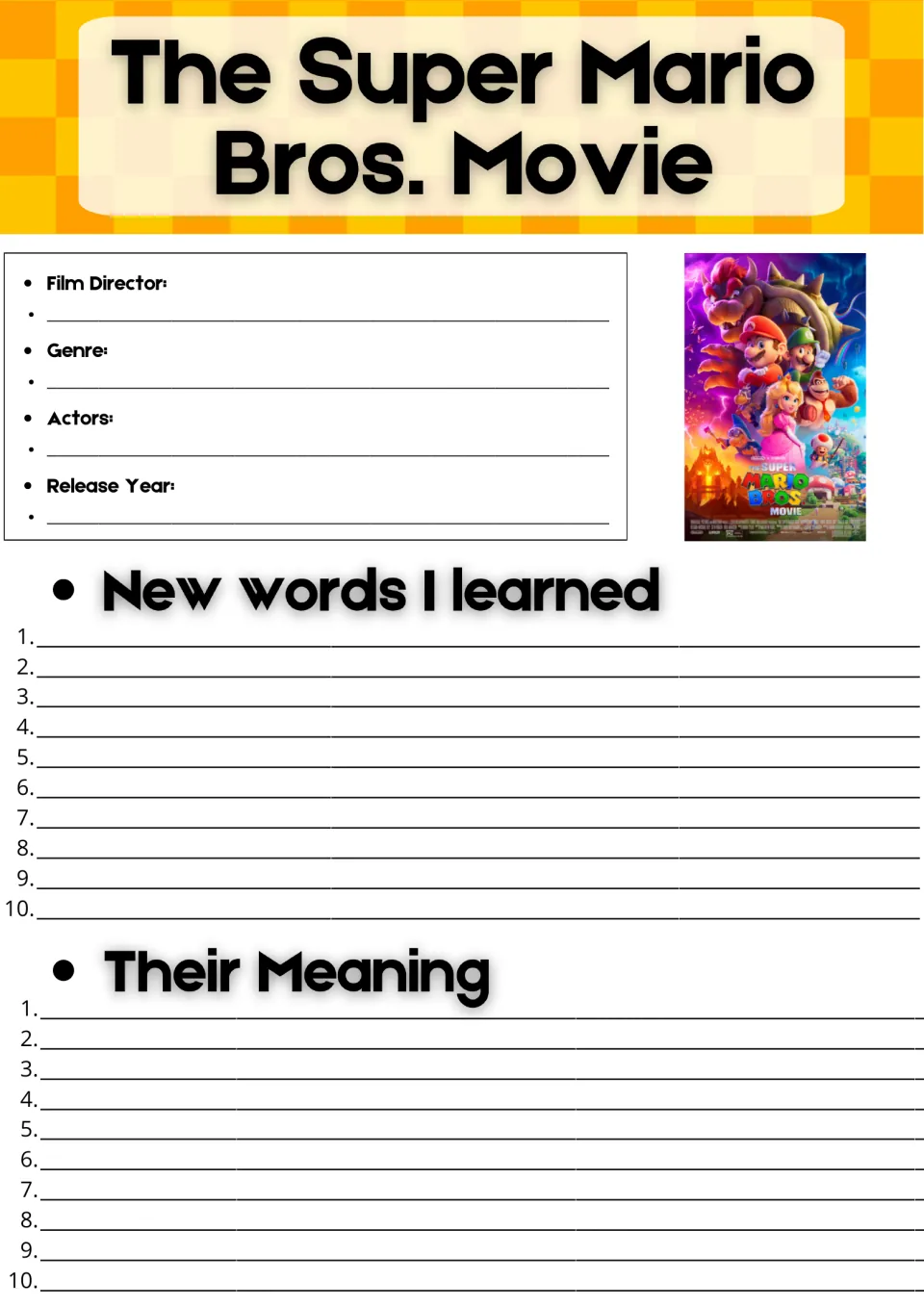 Mario movie facts and vocabulary: students note director, genre, actors and year, then list 10 new words and their meanings