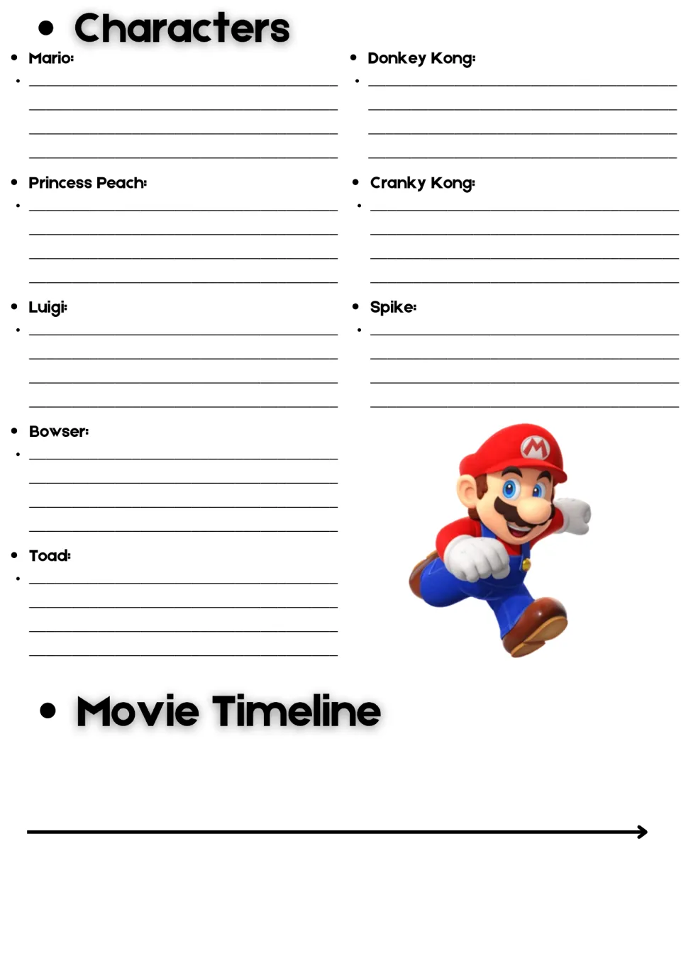Characters and timeline: students describe eight characters from Mario to Spike, then plot story events on a timeline