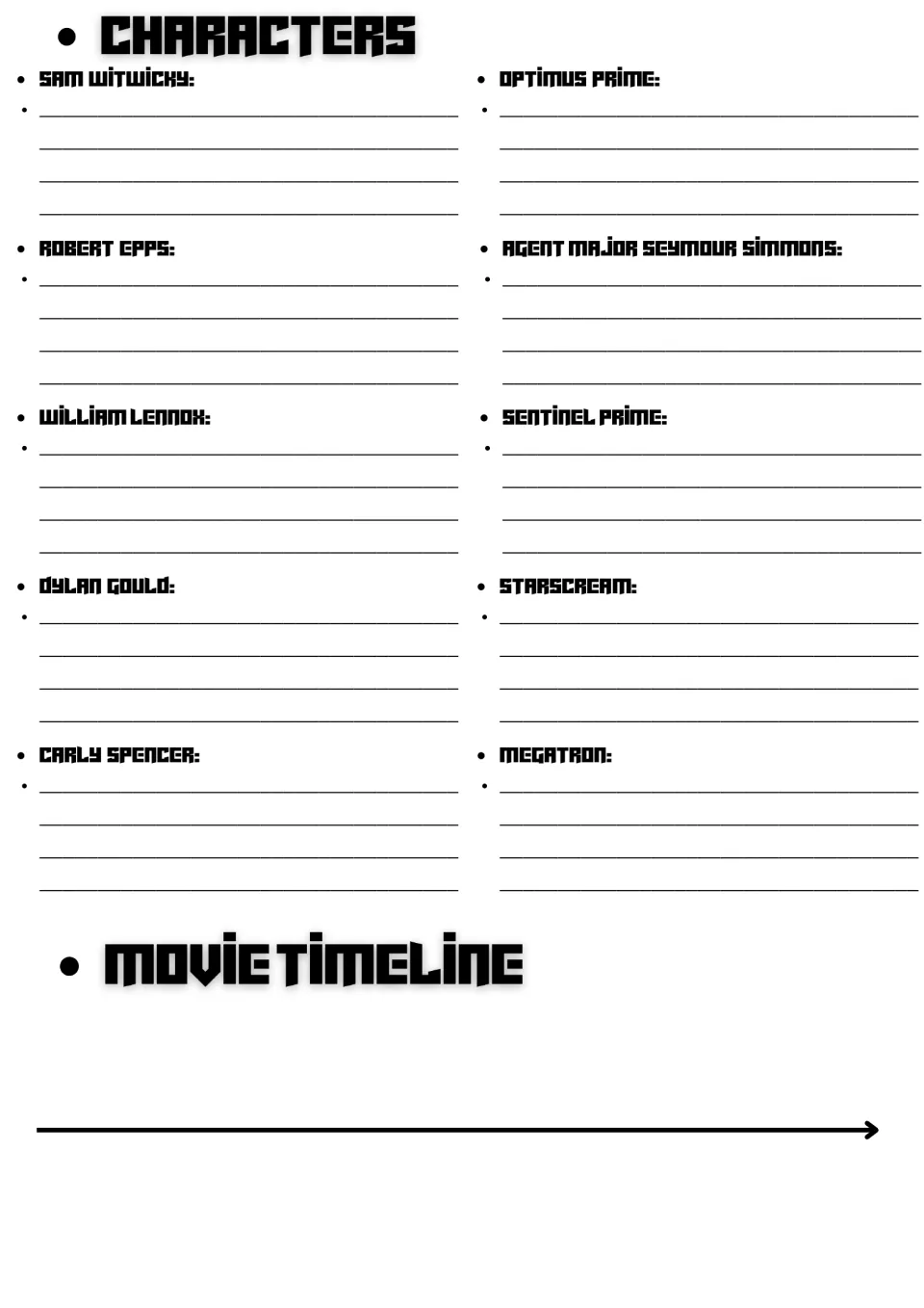 Movie guide character section: Sam Witwicky, Optimus Prime, eight other characters, and a movie timeline.