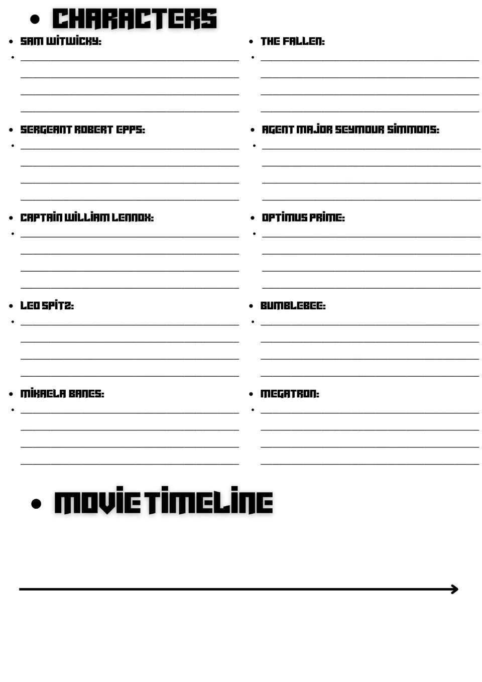 Movie guide character study: Sam Witwicky, Optimus Prime, Bumblebee and seven more, plus a movie timeline.