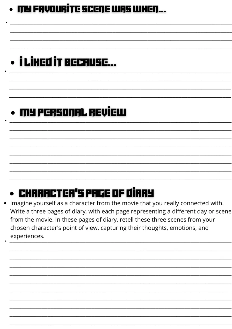 Movie guide writing prompts: favorite scene, reasons, personal review, and three diary entries as a character.