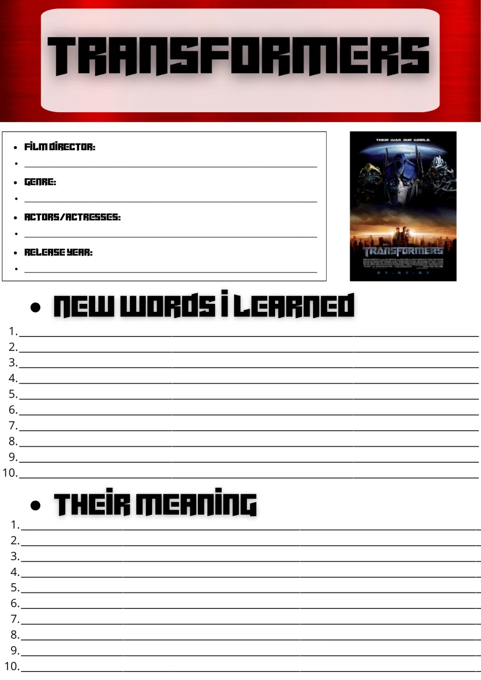 Transformers film facts and vocabulary: students note director, genre, actors, release year, then 10 new words and meanings