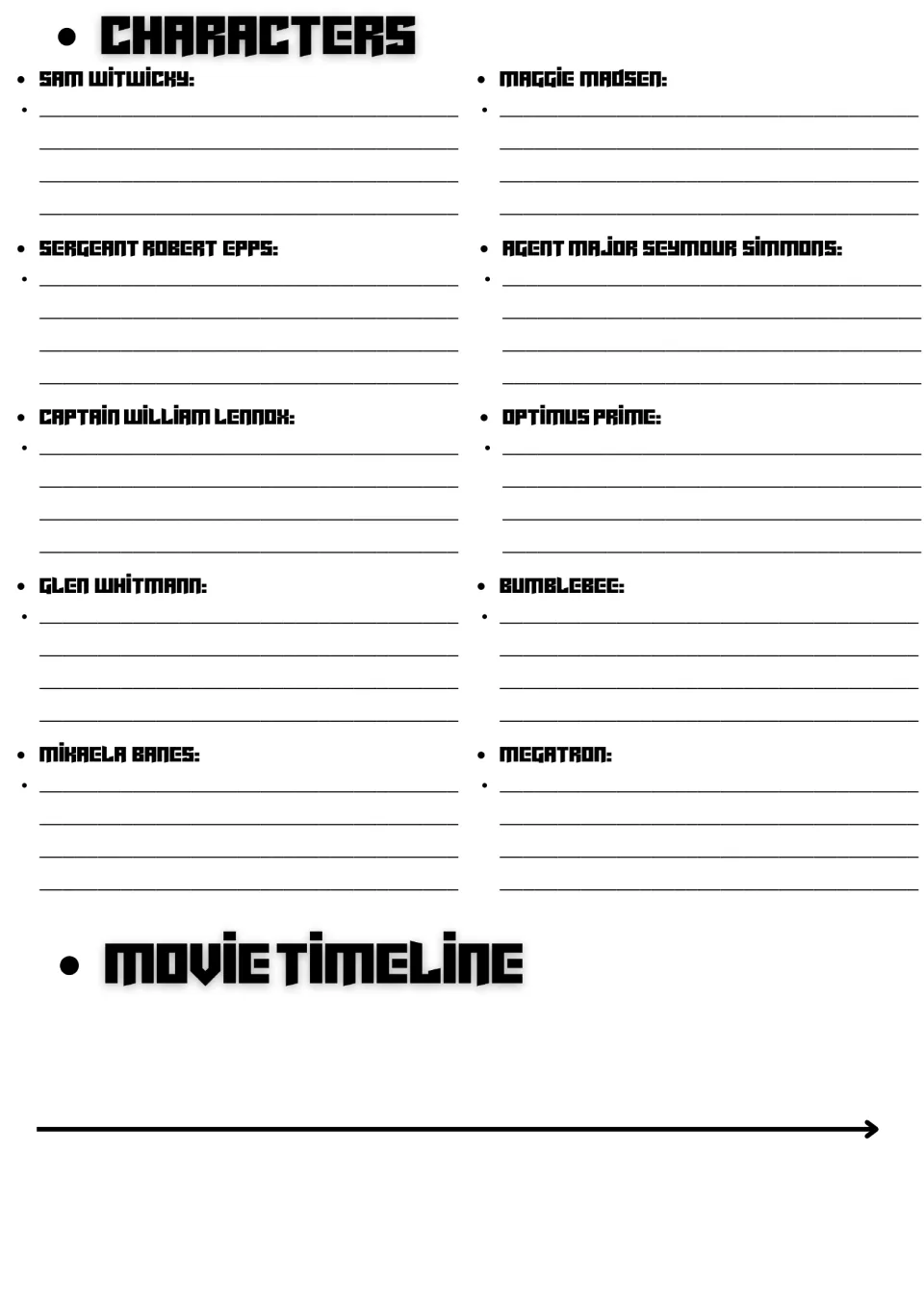 Transformers characters: students write notes on 10 characters, from Sam Witwicky to Megatron, then fill in a movie timeline