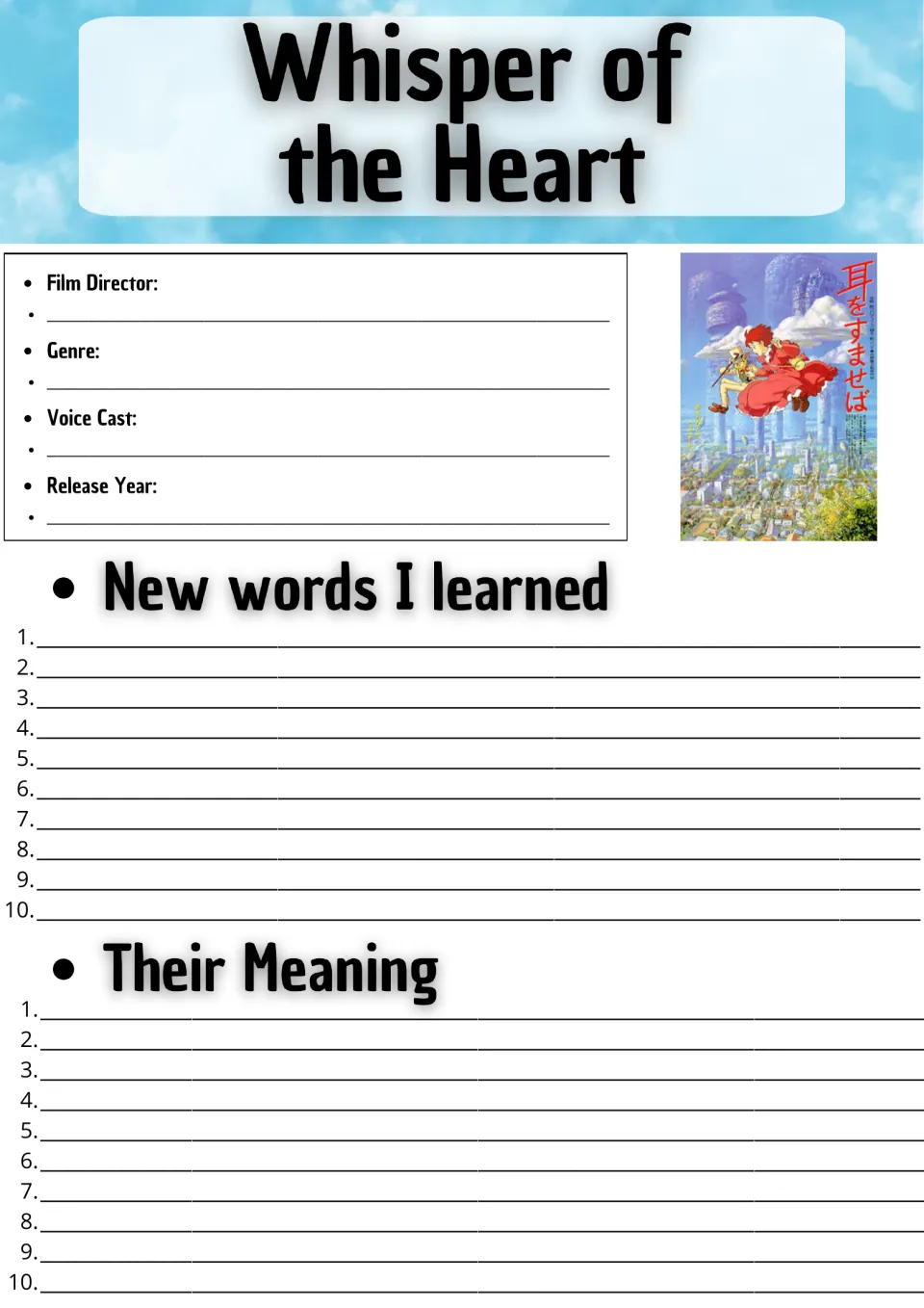 Movie guide opening page: film director, genre, voice cast, release year, and 10 new words with their meanings.