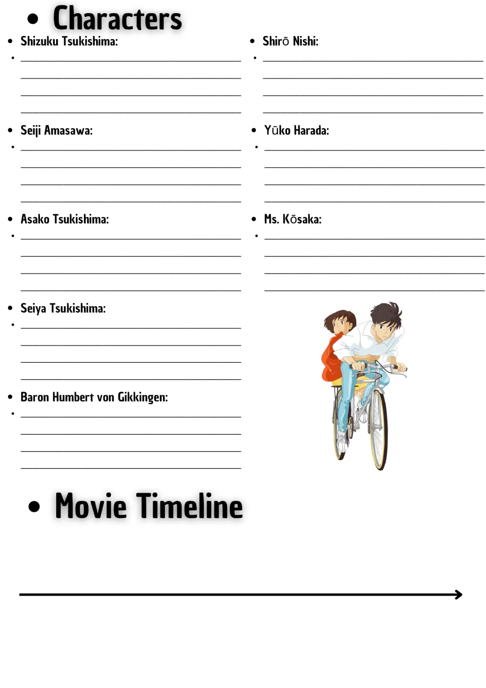 Character study page: Shizuku Tsukishima, Seiji Amasawa, six other characters, and a movie timeline.