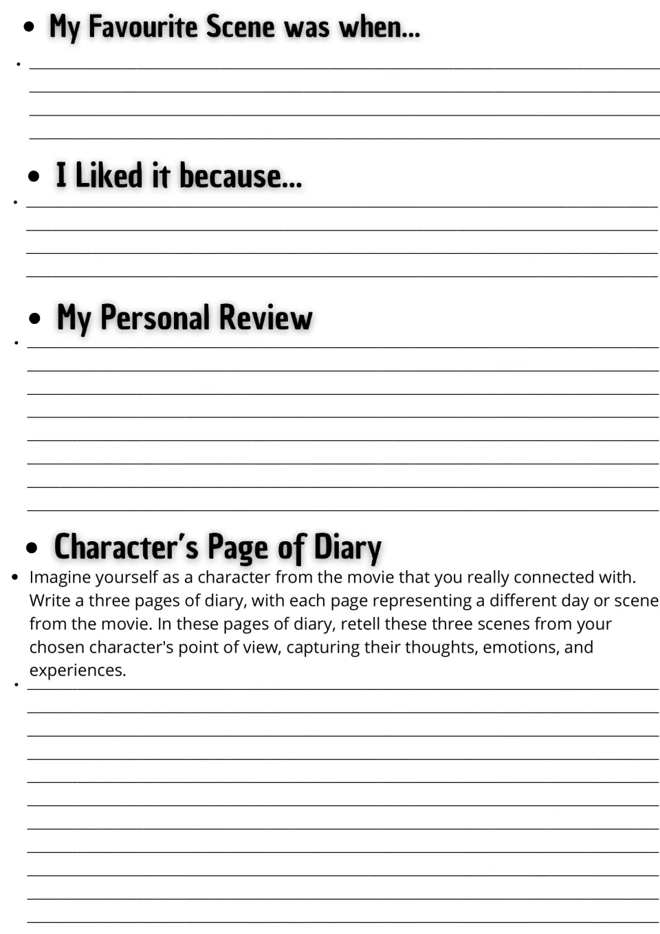 Movie response page: favorite scene, reasons for liking it, personal review, and a three-page character diary.