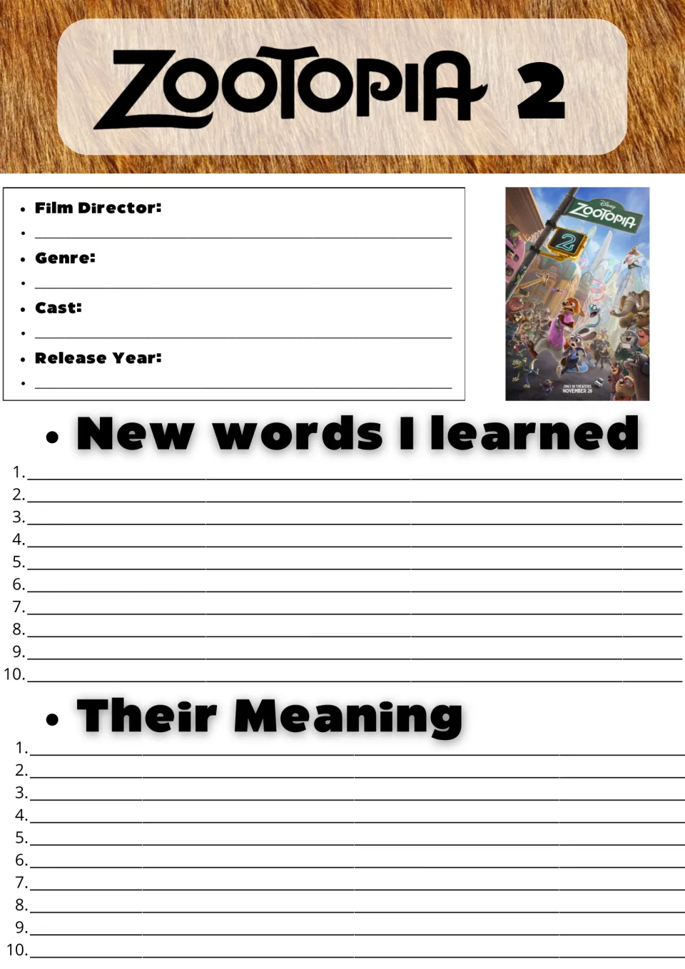 Zootopia 2 film facts and vocabulary: students record director, genre, cast and year, then 10 new words and their meanings