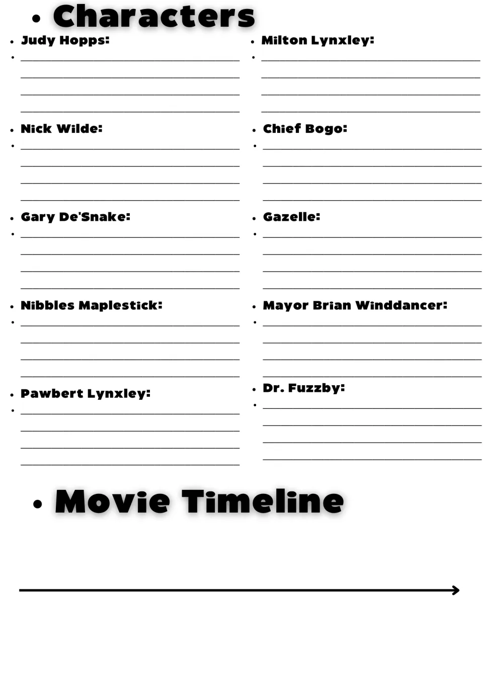 Character notes: students describe 10 characters such as Judy Hopps and Nick Wilde, then sequence events on a timeline