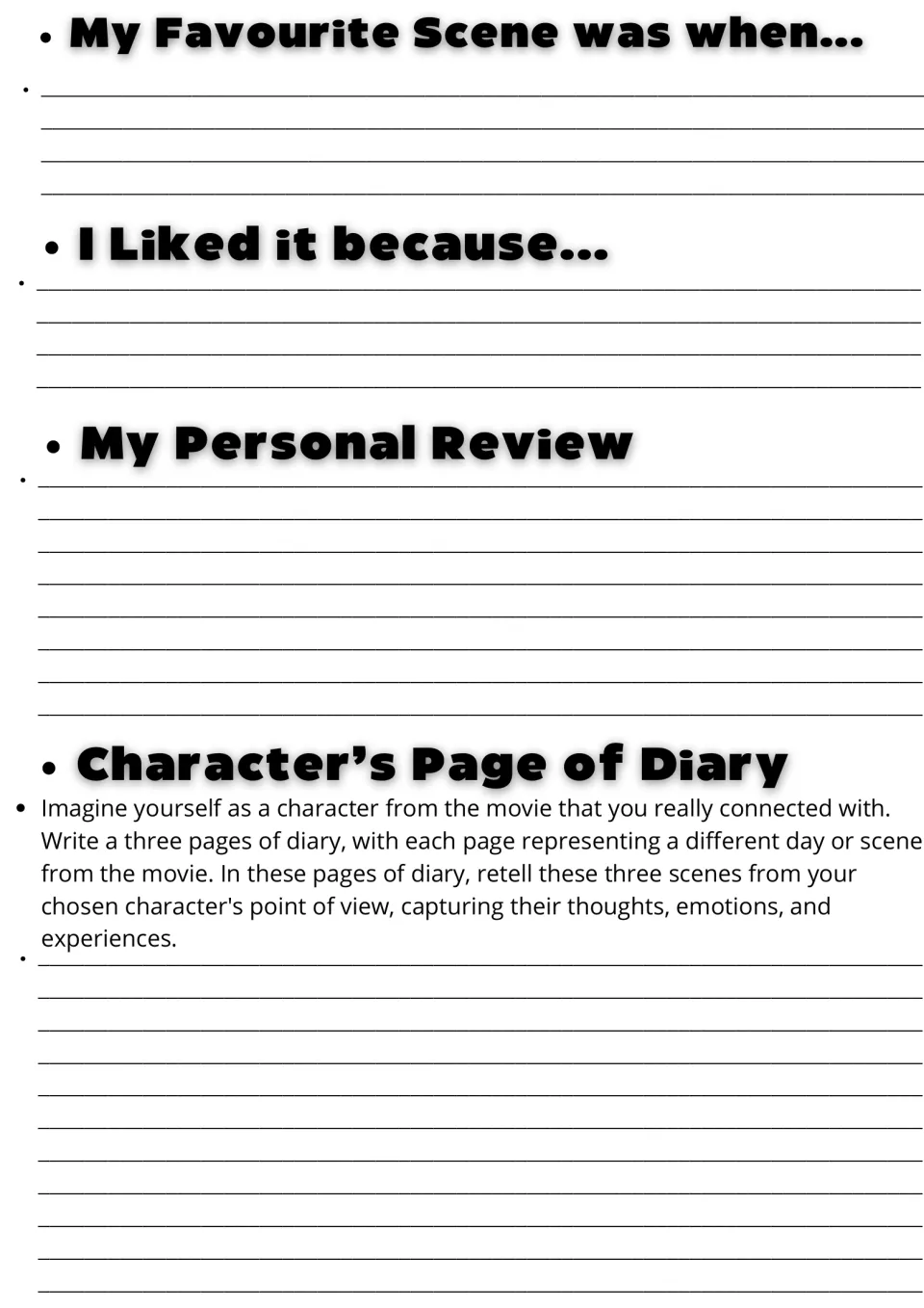 Movie response: students write their favourite scene and why, a personal review, and diary entries from a character's view