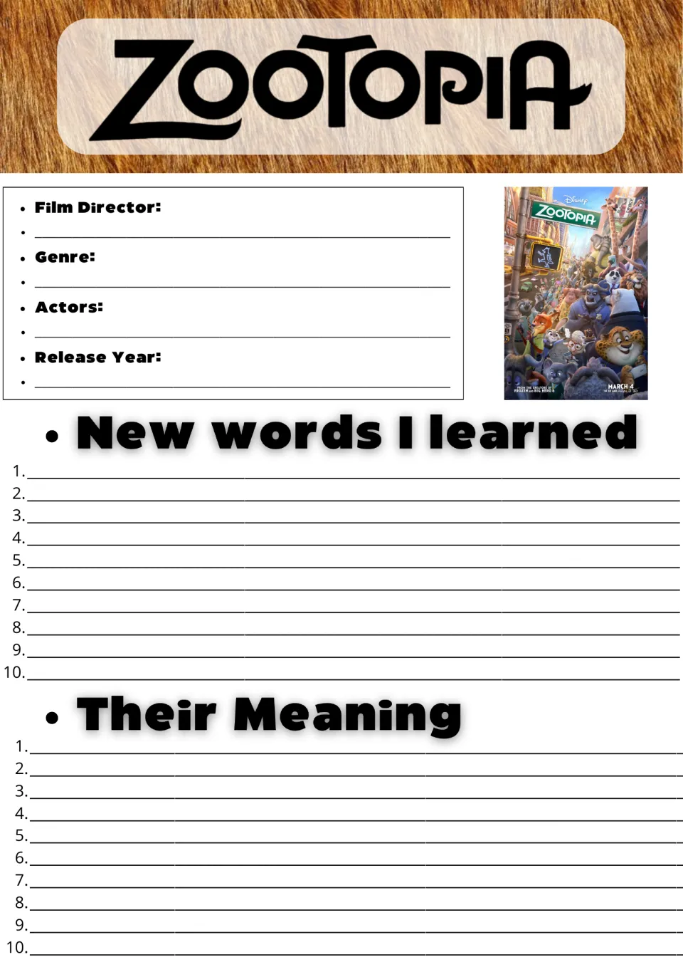 Zootopia film facts and vocabulary: students note director, genre, actors, release year, then 10 new words and meanings