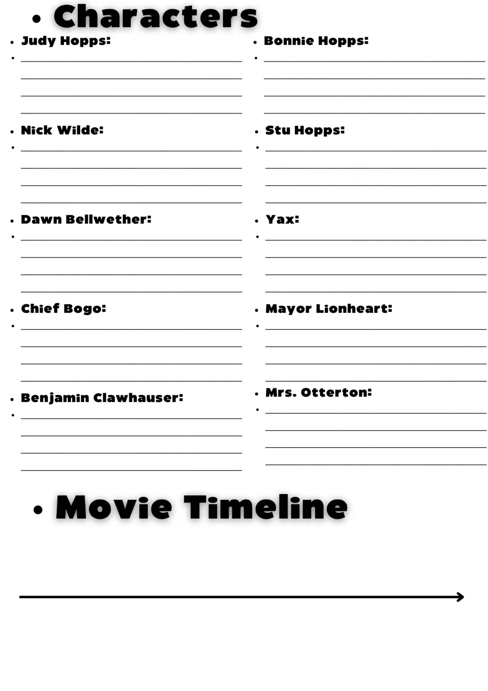 Zootopia characters and timeline: students write notes on 10 characters, from Judy Hopps to Mrs. Otterton, and plot events