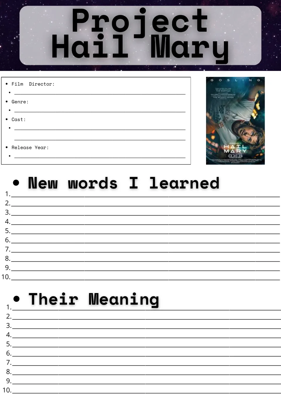 Project Hail Mary film facts and vocabulary: students record director, genre, cast and year, then 10 new words and meanings