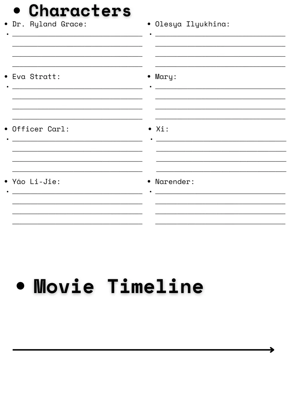 Characters and movie timeline: students note details on eight characters such as Dr. Ryland Grace, then plot key events