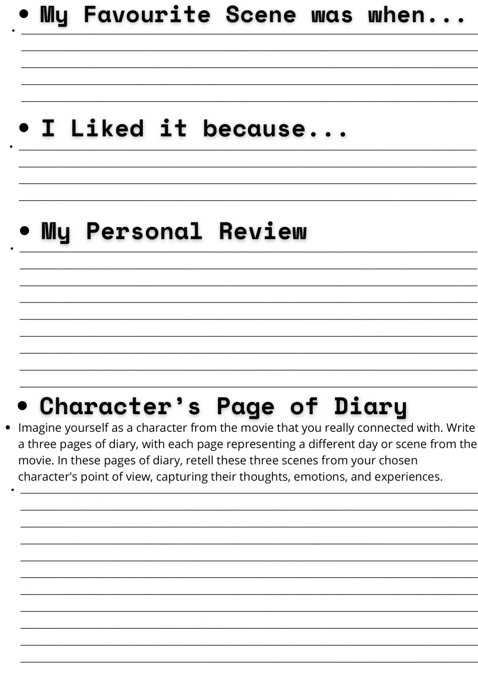 Movie response writing: favourite scene, why they liked it, a personal review and a diary retelling scenes as a character